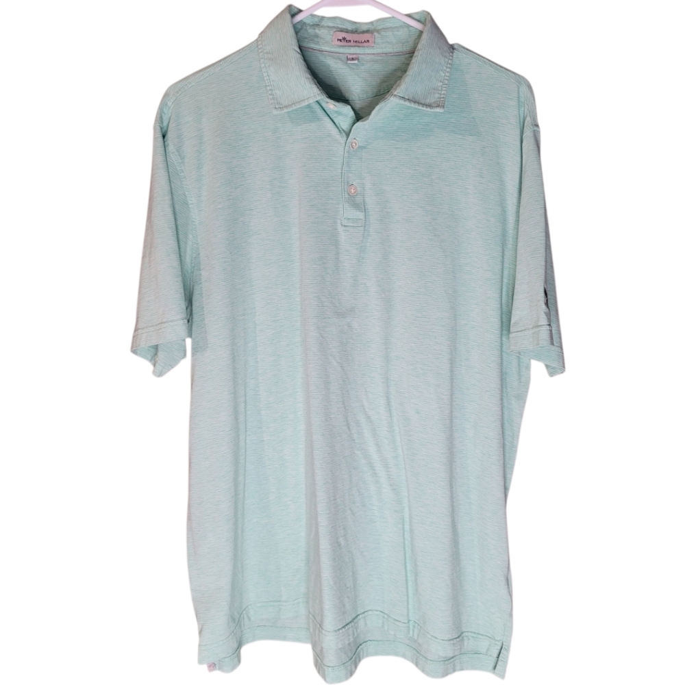 Peter Millar polo shirt mens L mint green white fine horizontal stripe cotton